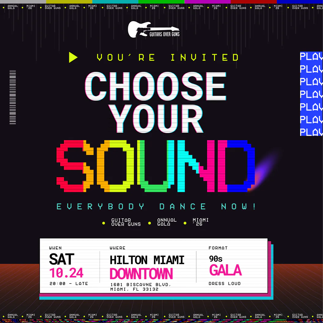 A colorful event poster invites everyone to “Choose Your Sound,” an ’80s-themed dance gala on October 24 at the Hilton Miami Downtown, featuring neon typography and a retro design.